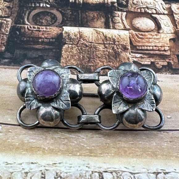 Unique Vintage Sterling Silver Flower Floral Links Amethyst Brooch Pin Mexico 2" - Picture 1 of 14